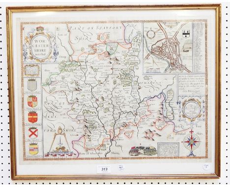 John Speed handcoloured engraved map of Worcestershire, "defcribed", (c.1627) English, having coats of arms and town plan of 