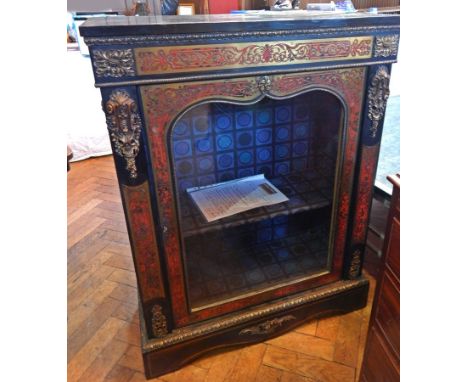 Boulle side cabinet with applied brass decoration, glass panel door opening to reveal shelf, 83cm 