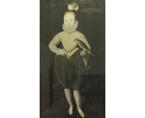 Colour print after the original portrait of an Elizabethan child holding a hawk