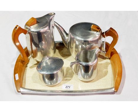 Picquot stainless steel five-piece tea service comprising teapot, hot water jug, creamer, sugar bowl and tray 