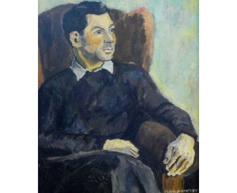 Frans Orntoft "55"  
Oil on canvas 
Three-quarter length portrait of gentleman seated in armchair, 50cm x 60cm 