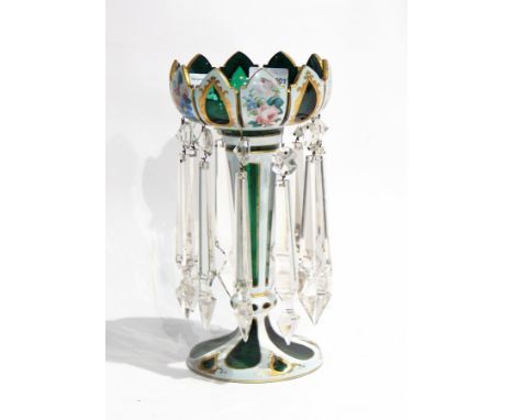 Green overlay glass lustre with enamel floral decoration 