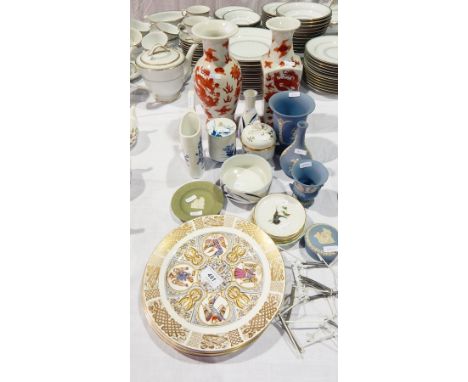 Various Wedgwood blue jasperware, three Royal Worcester pin trays, a Minton pin tray and another, four Spode plates including