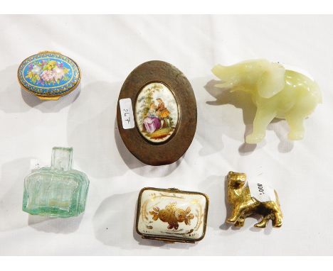 A Halcyon Days enamel pillbox, a Limoges style pillbox, a brass model of a cat, a brass trinket box with a ceramic lid, a jad