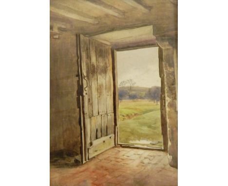 Charles James Adams (1859-1931)
Watercolour sketch 
Open door looking out onto moorlands, 38cm x 26.5cm (Part of Charles Jame