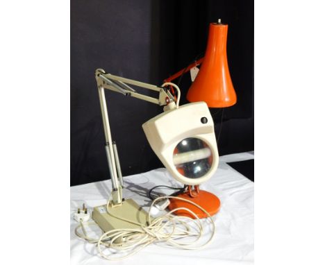 Orange anglepoise lamp together with anglepoise magnifying light (2) 