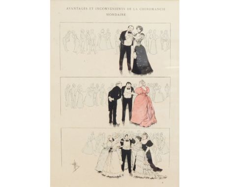 Two humorous French prints - "Avantages et inconvenients de la chiromancie mondaine" and "L'inspecteur Libidineux"
