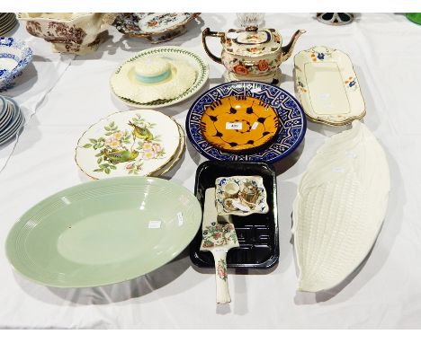 Various ceramics including a pair of Spode plates depicting garden birds, a Portmeirion dish, a Portmeirion plate, a Coalport