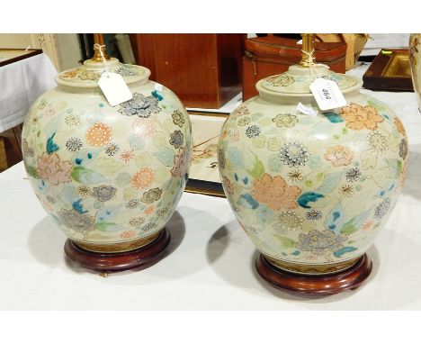 Pair oriental ceramic vase table lamps, ovoid with allover floral decoration of peonies and chrysanthemums, 24cm high 