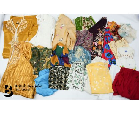 A box of silk clothing, including Egyptian dress and over gown, Alpaca cape, Gesair evening jacket with embroidery, 63% silk 