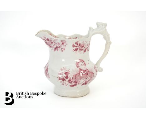 An early 19th century Goodwin, Bridgwood &amp; Harris George IV commemorative jug, circa 1830, printed in puce with a bust po