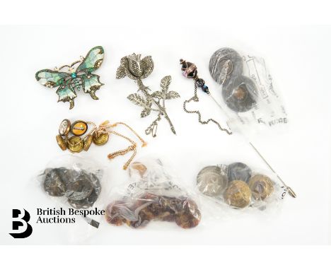 Miscellaneous vintage buttons, including Art Nouveau, pictorial enamel buttons, vintage glass hat pin, marcasite rose bud bro