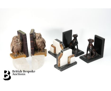 Four pairs of book ends, including a pair of seated retriever bookends, approx. 16cms; pair of ceramic owls bookends, approx.