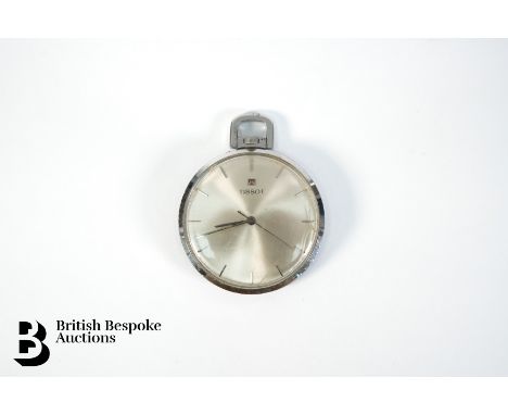 Tissot stainless steel pocket watch, 40mm brushed steel face with baton markers. (af)