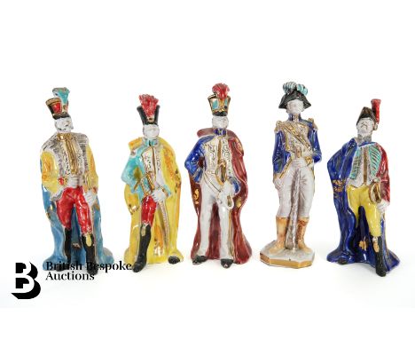 Five Italian ceramic figurines, Napoleonic soldiers, polychrome decoration, each base marked with a number and Italy, approx 
