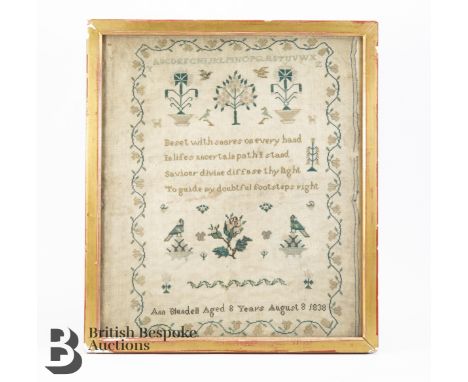 Ann Blundell sampler 8 years, August 1838, with verse 'Beset with snares on every hand in life's uncertain path and stand. Sa