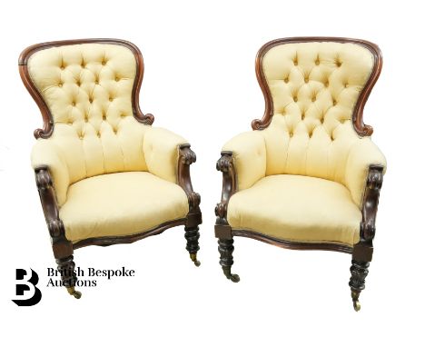 Pair of cream button back mahogany armchairs, measures approx. 98 h x 70 w cms.&nbsp;
