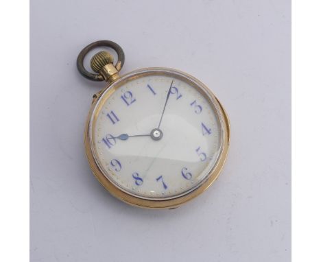 An 18ct gold Fob Watch, white enamel dial with blue Arabic Numerals, unsigned manual crown wind movement, gilt metal cuvette,