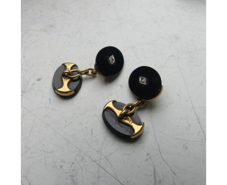 A pair of Art Deco 15ct gold mounted onyx Cufflinks, the oval stones with diamond point centres, together with a small quanti