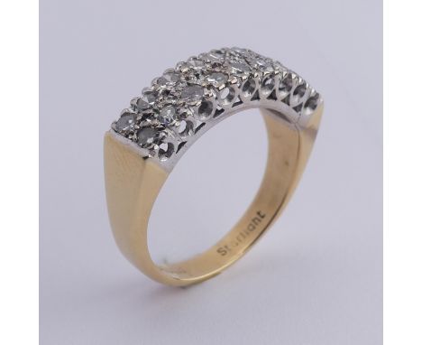 A diamond Ring, the front set with two rows of nine small circular diamonds, all mounted in 18ct yellow and white gold, Size 