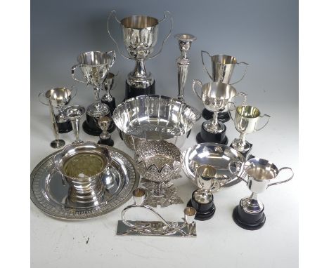 A quantity of silver plated Trophy Cups, bowls, dish, candlestick etc., all the prizes from a flower club, with presentation 