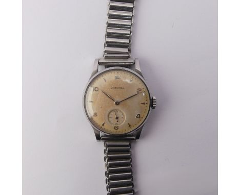 A vintage stainless steel Longines Wristwatch,&nbsp;the signed dial with alternate steel baton and Arabic numerals, subsidiar