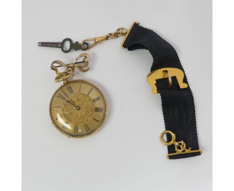 An 18ct gold Fob Watch, gilt dial with black Roman Numerals, movement signed 'Rotherham &amp; Sons Geneva', gilt metal cuvett