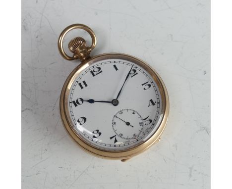 A 9ct gold Pocket Watch, unsigned white enamel dial with Arabic numerals and subsidiary seconds dial, with a manual crown win