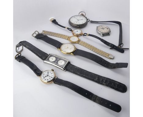 Two 9ct gold cased lady's Wristwatches, on leather straps, together with a silver pocket watch, with Equity 7-jewels movement