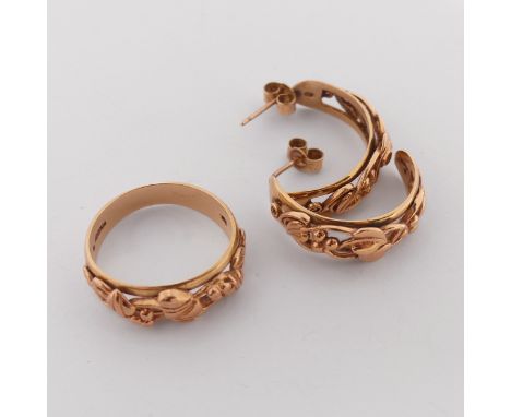 Clogau Gold; A 9ct yellow and rose gold 'Tree of Life' design Ring, Size R, together with a pair of corresponding hoop earrin