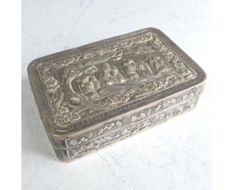 A Chinese export silver Snuff Box, of hinged rectangular form, the lid with figures amongst foliage, the sides with scrolling