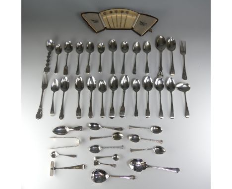 A quantity of mixed silver Teaspoons, two preserve spoons, medicine spoon, a Christening spoon and fork set, cruet spoons, a 