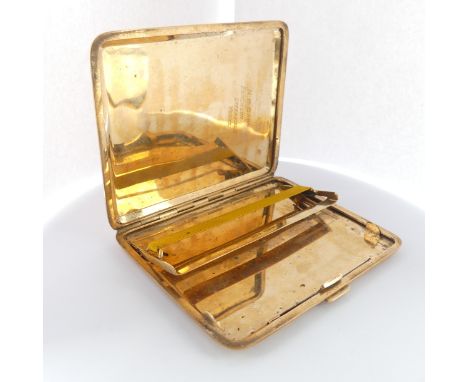 A 9ct yellow gold Cigarette Case,&nbsp;&nbsp;with engine turned decoration, the interior with inscription, 10.3cm x 8.3cm, to