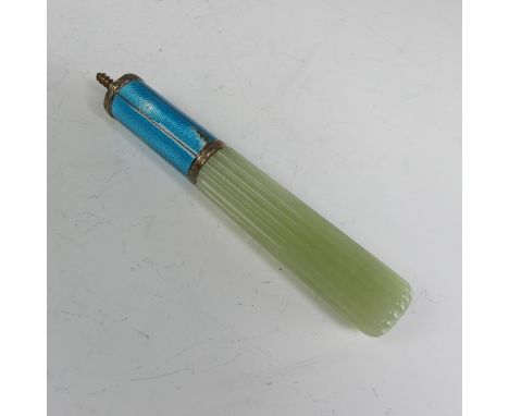 An early 20thC Russian jade and enamel Cane / Parasol Handle, in the manner of Fabergé but marked 72 zoloniks (18ct) only, th