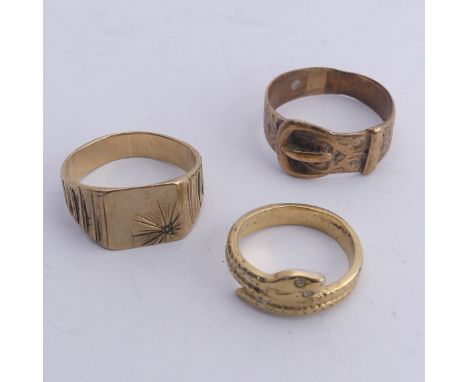 Two 9ct gold gentleman's Rings, one of buckle design, Size X, the other with square front set single diamond point, Size T, 1