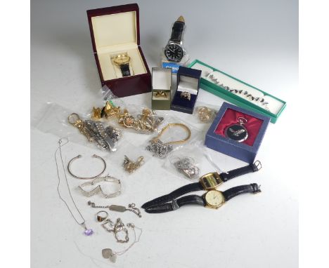 A quantity of Costume Jewellery, including quartz wristwatches, gilt metal cufflinks, three silver bracelets, a silver gilt '