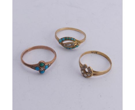 A small Victorian style turquoise and seed pearl Ring, unmarked engraved shank, tested as 15ct gold, Size L, 1.6g, together w