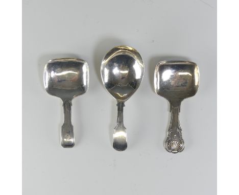 Two George IV silver Caddy Spoons, by Joseph Willmore, dated 1822 and 1825, both with squared bowls, together with one George