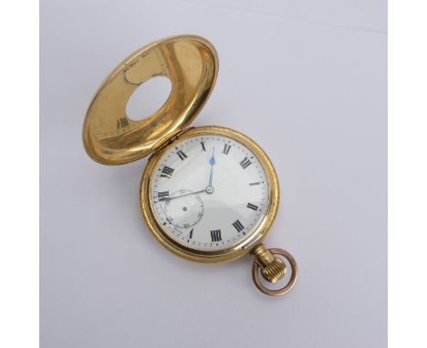 An 18ct yellow gold half hunter Pocket Watch,&nbsp;unsigned white enamel dial with Roman Numerals and subsidiary seconds dial
