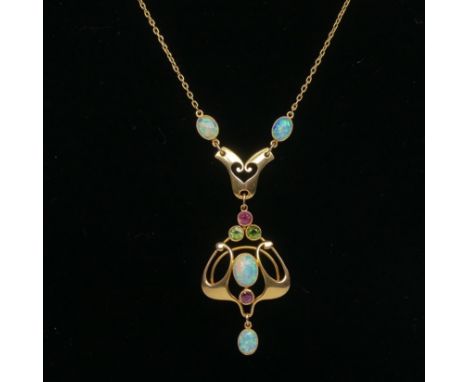 Murrle Bennett; An Art Nouveau opal Pendant, after a design by Archibald Knox, the four oval cabochon opals with two circular