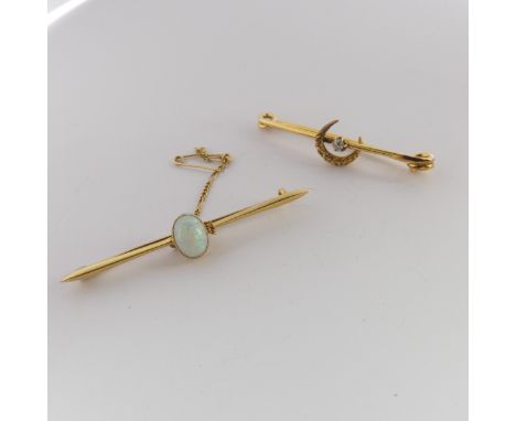 A 15ct yellow gold Bar Brooch, the centre with a cabochon oval opal approx. 8.6mm long, the bar, 5.5cm wide, together with an