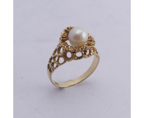 A small cultured pearl Ring,&nbsp;in 9ct gold textured pierced mount, Size M, 2.3g. 