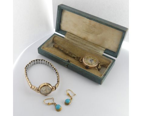 A pair of 9ct gold and turquoise Earrings, with hook fittings, total weight 2.1g, together with two vintage lady's 9ct gold w