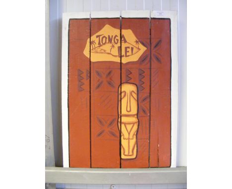 A decorative slatted wooden panel painted with artwork of vintage Tiki cocktail bar Tonga Lei, Malibu (1961-1977)