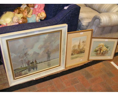 An oil on canvas of Kent landscape in Autumn by B PUGH, together with NIGEL CARDER signed print of Norwich Cathedral and SWAN