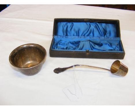 A sterling silver engraved bowl, together with a sterling silver ladle in presentation case 