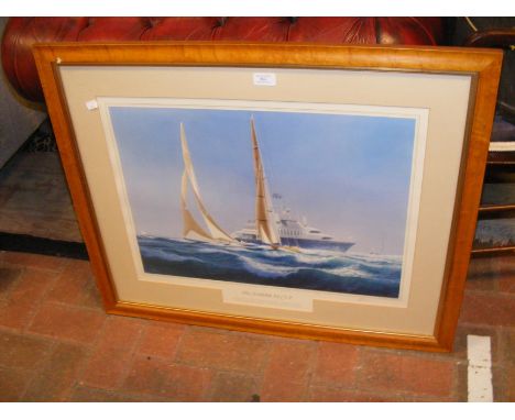 A signed print by TIM THOMPSON entitled 'The Americas Cup' - 1987, Stars & Stripes defeats Kookaburra III  