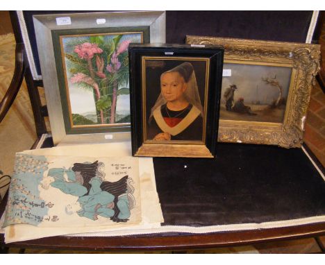 An antique oil on board of smugglers ashore, together with other pictures CONDITION REPORT We believe the portrait of lady to