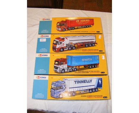 Four 50th Anniversary Corgi die cast model vehicles - Volvo FH General Purpose Tanker, ERF ECT Olympic Curtainside, Mercedes-