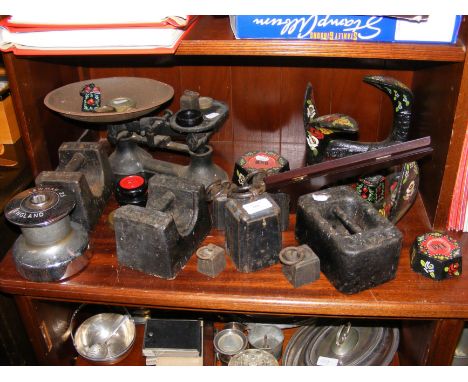 Vintage kitchen scales and weights, together with Bargeware shoe lasts 